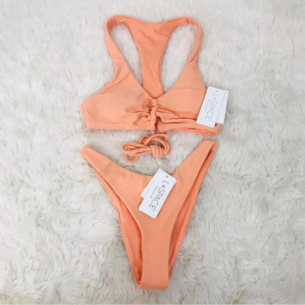 L*SPACE Dax Terry Bikini Top Cabana Bitsy Cut Cheeky Bottom Peach Size Small New